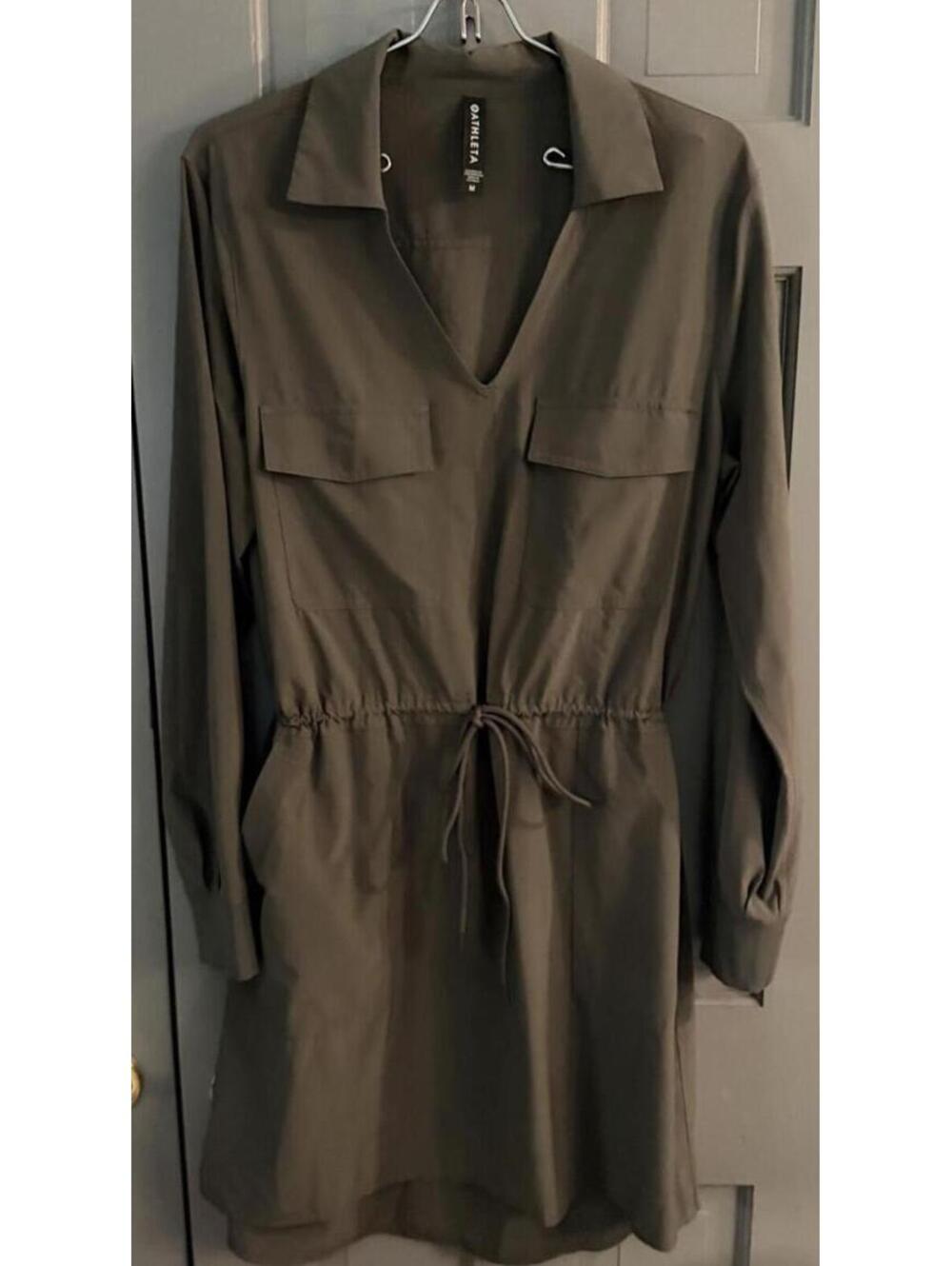Athleta Olive Green Long-Sleeve Drawstring Shirt Dress Size M EUC - Picture 2 of 4